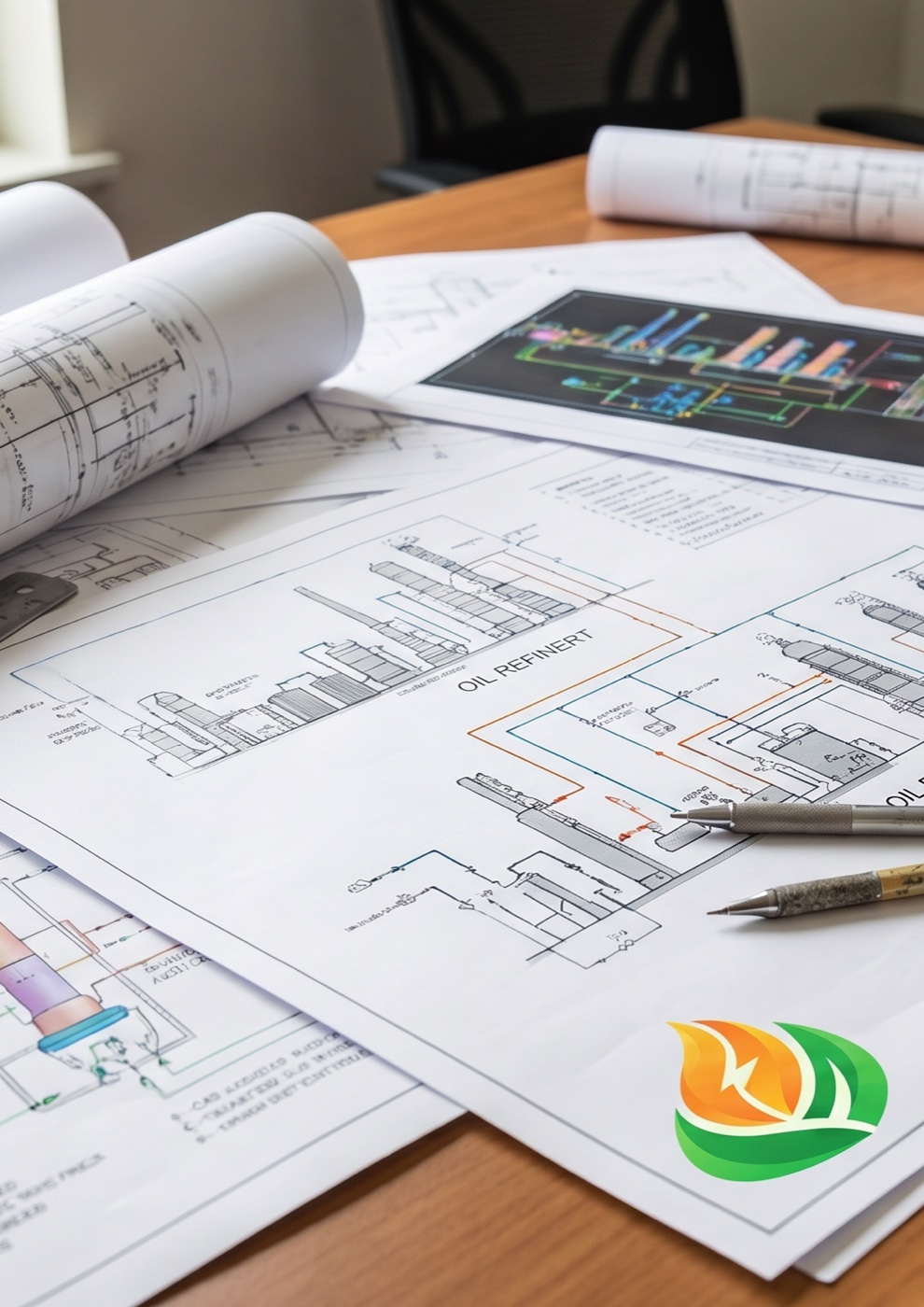 Plans industriels et schemas de raffinerie sur le bureau OEEA